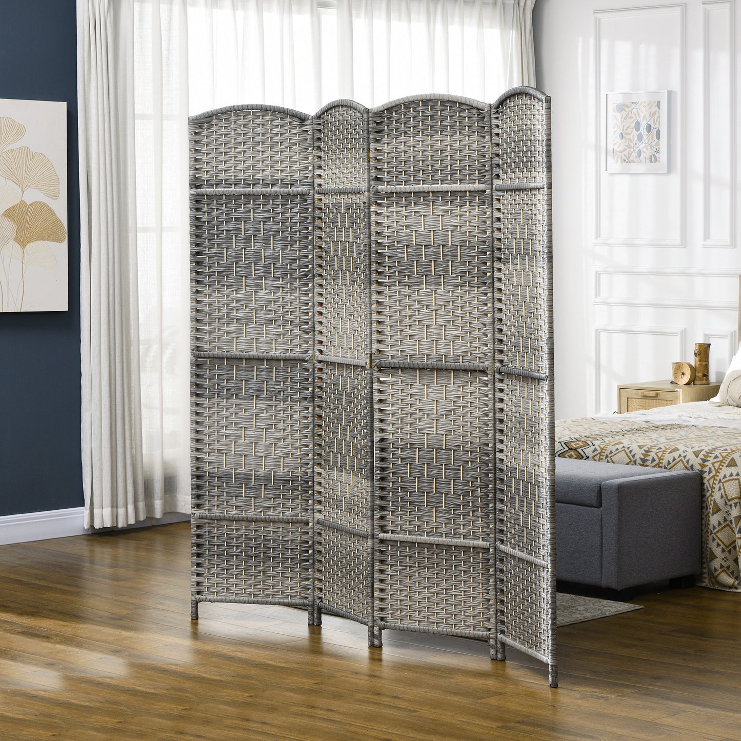 Folding Room Divider Screen 4 Panel 6' Tall Privacy Screen Freestanding Wood Partition For Home Office, Mixed Gray
