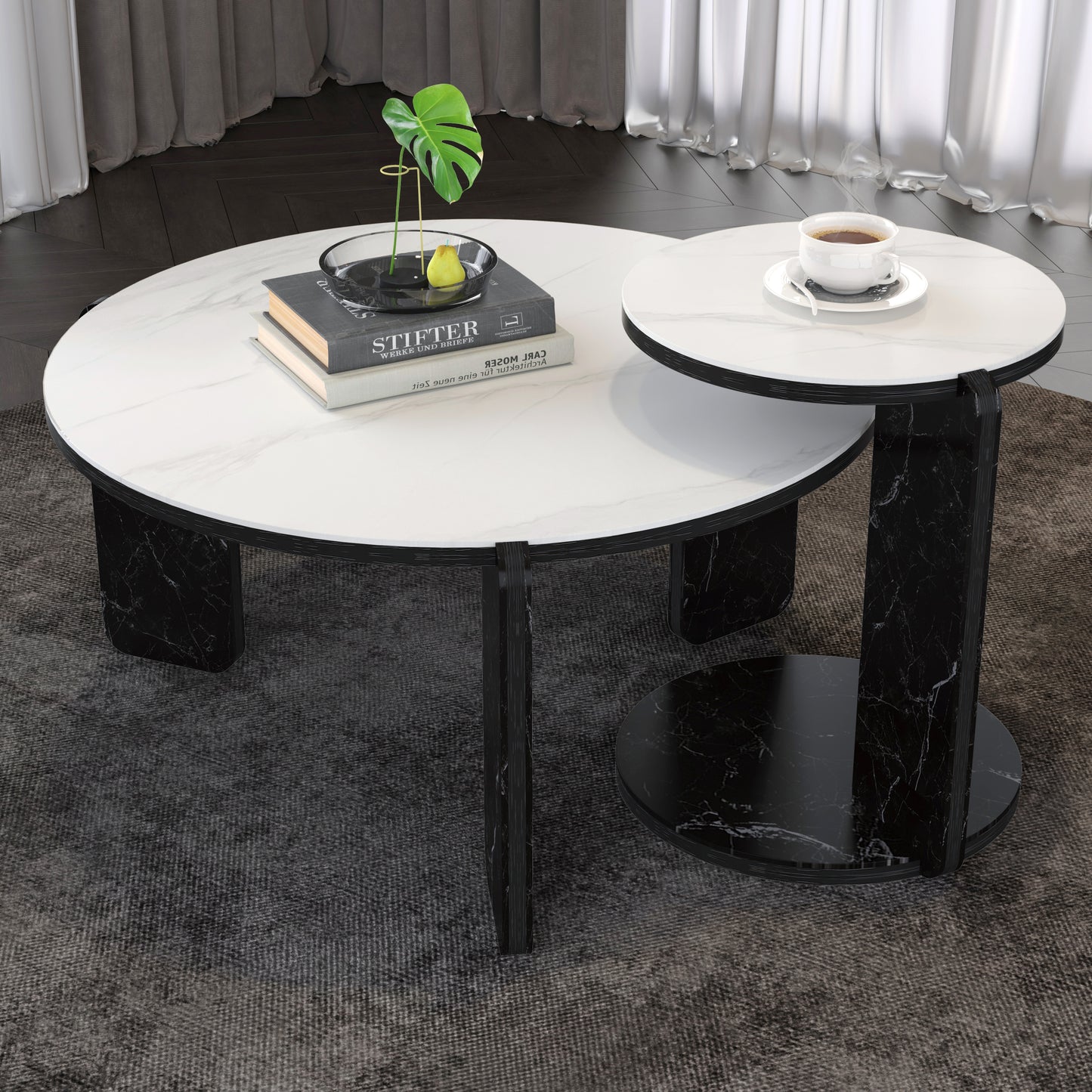 Set Of 2 Round Nesting Coffee Table For Small Place,living Room End Table With White Sintered Stone Top, 32.68 16.93 Diameter Side Table Night Stand For Bed Room Dining Room,83 43cm Sofa Table