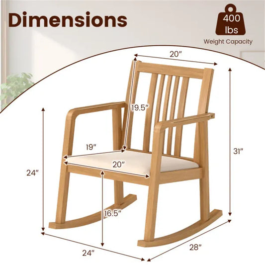 Solid Rubber Wood Rocking Chair, 400 LBS Weight Capacity Indoor Lounge Chair With Linen Cushion-Natural