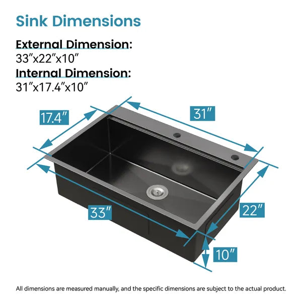 Stainless Steel Kitchen Sink, 33'x22' Single Bowl, Overmount Handmade Sink In Black, With Cutting Board, Colander-Unable Ship Weekends, TK And TEMU Only For Pickup