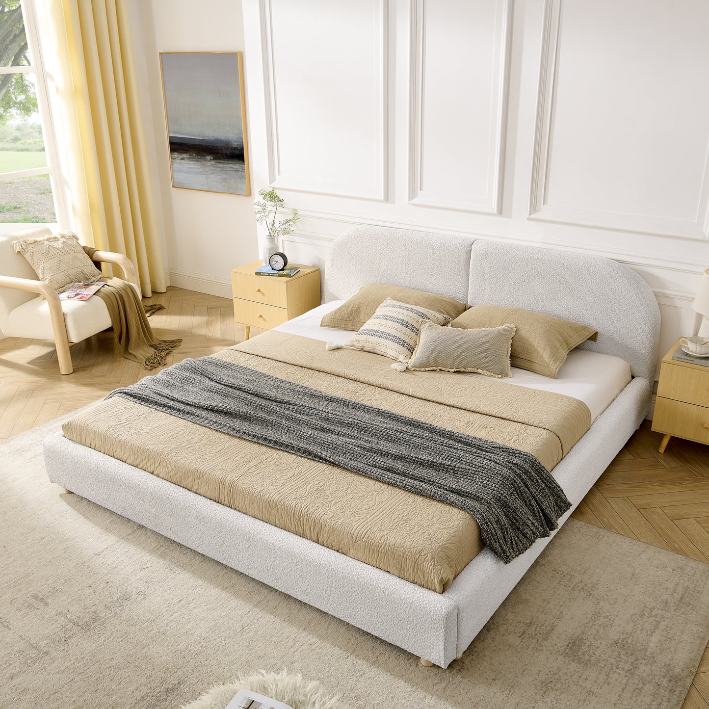 King Size Upholstered Bed Frame, Modern Minimalist Style With Tall Curved Headboard, Premium Circle Yarn Fabric & Sturdy Leg Support, Mattress Not Included-Beige