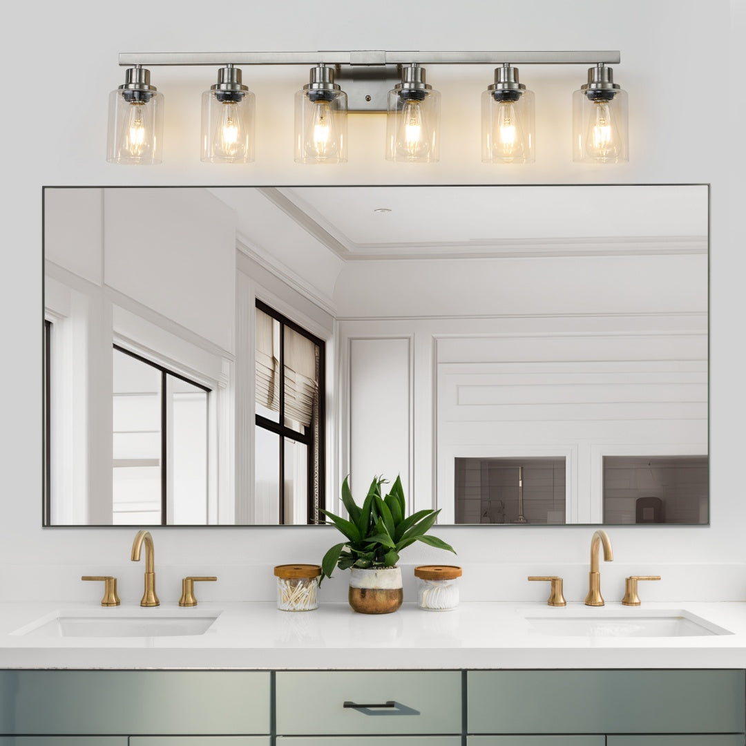 37 Modern 6-Light Bathroom Vanity Light Fixture - Brushed Nickel Finish With Clear Glass Shades, Perfect For Bathroom, Vanity, And Dressing Area Lighting No Bulbs