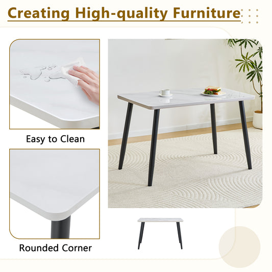 Modern Minimalist Rectangular Dining Table,suitable For 4-6 People.Tempered Glass Countertop Lower MDF Board,imitation Marble Texture,black Metal Tapered Legs.Suitable For Minimalist Restaurants.