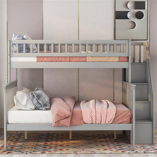 Twin Over Full Stairway Bunk Bed With Storage, Gray