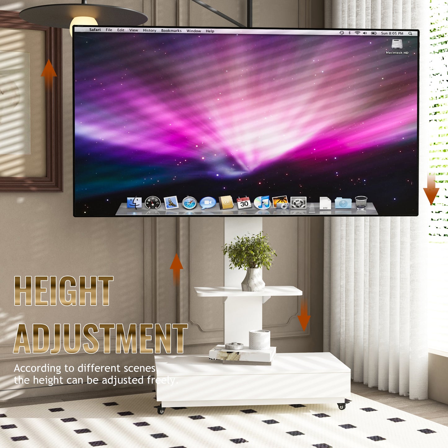 TV Stand With Push-pull Drawer For Living Room, Bedroom,Offices,Adjustable Height Mobile TV Cart For 32-75 Inches,tv Stand With Wheels,White