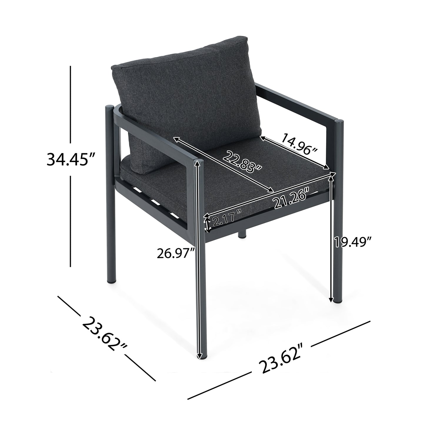 Outdoor Dining Chair Set Of 2, All-Weather Grey Aluminum Frame Patio Chairs With Grey Fabric Cushions, 300lbs