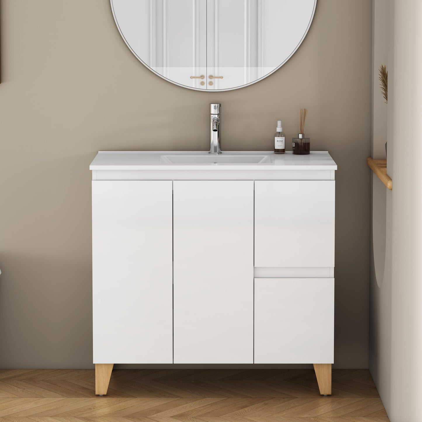 36-Inch Modern Bathroom Vanity With Sink Combo, 2 Doors And 2 Big Drawer, Soft-Clost System,Handle-Free Design,Natural Solid Wood Feet,Ceramic Basin,Ceramic Basin,Easy Assemble,Glossy White
