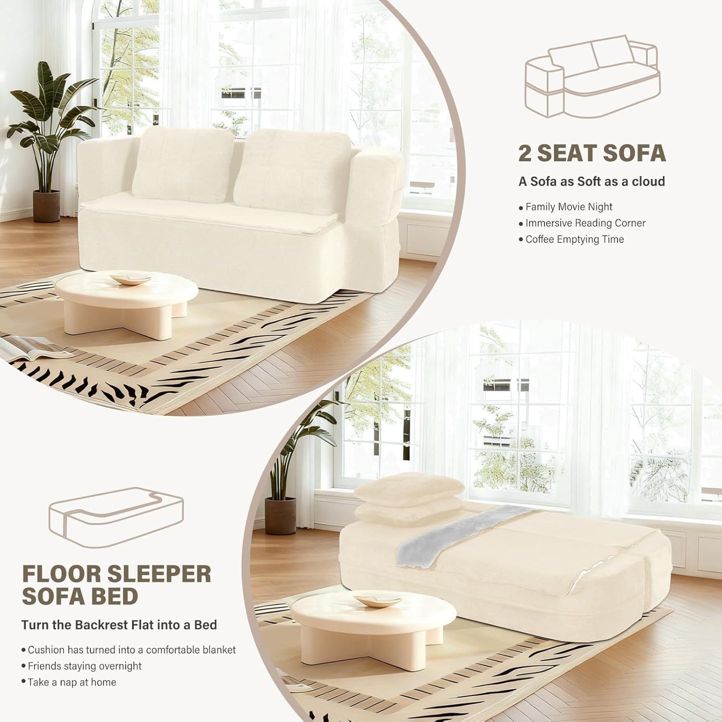 Convertible Sofa Bed With Blanket, Boneless Cloud Couch Queen Fabric For Living Room Bedroom, Modular Loveseat With High-Density Solid Sponge No Assembly,Beige.
