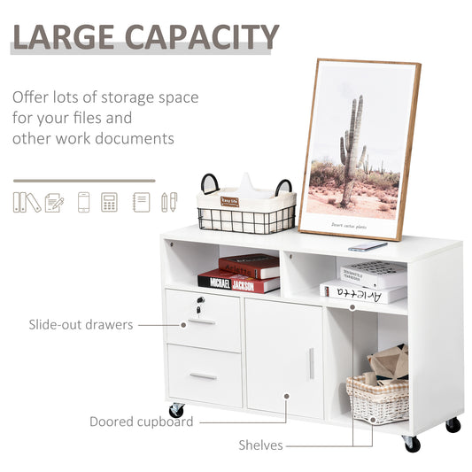Printer Stand Home Office Mobile Storage Cabinet Organizer Desktop With Caster Wheels, 2 Locking Breaks And Drawer, White