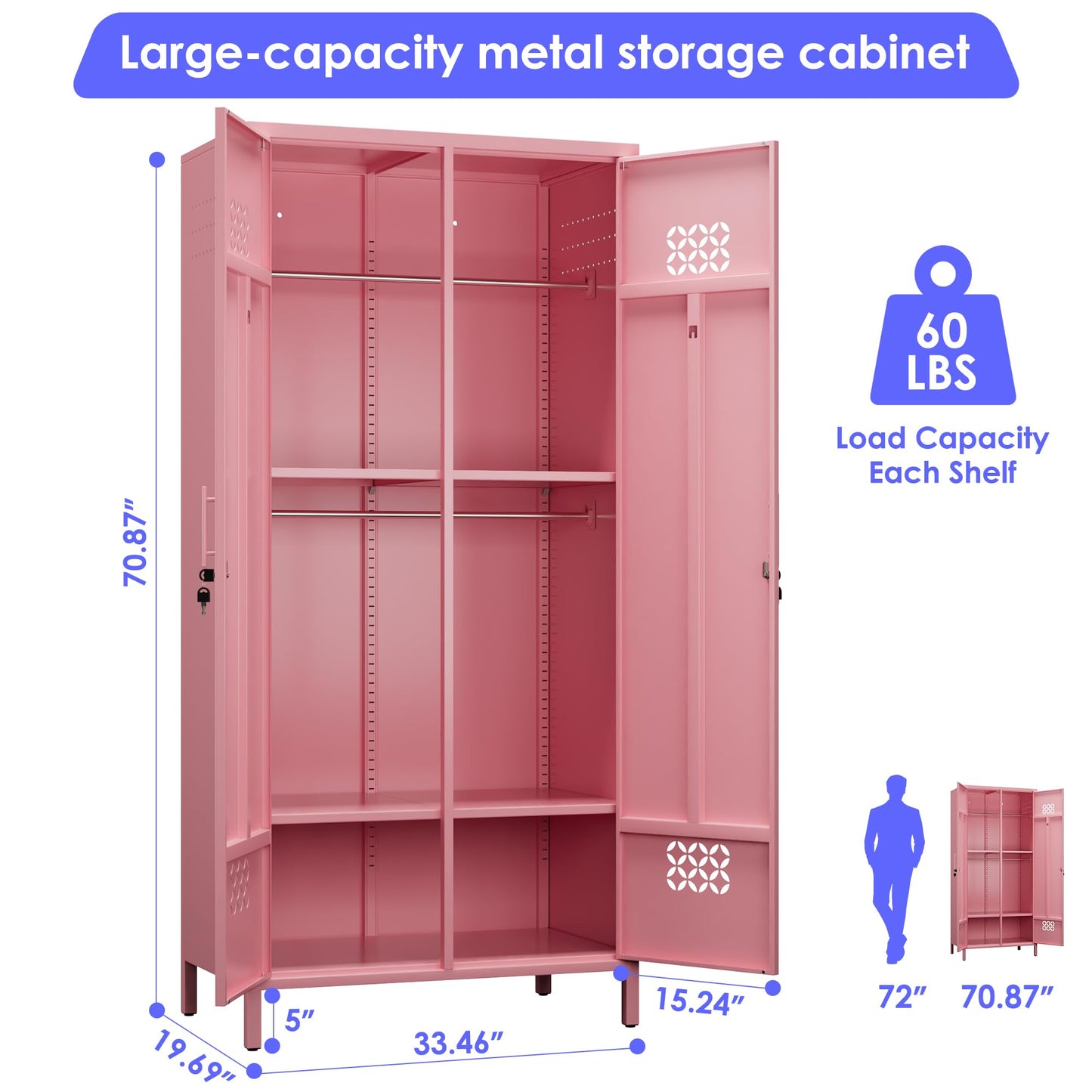 METAN 71inch Hx33.5inch Wx20inch D Metal Wardrobe Closet With Lock,Extra Deep 2 Doors Metal Wardrobe Cabinet For Home,Assembly Required,Pink