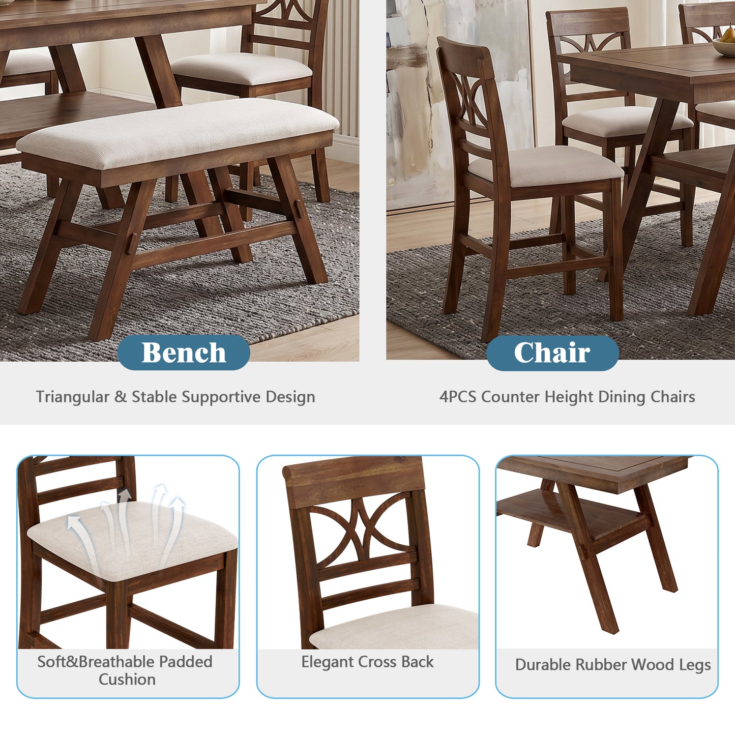 TOPMAX 6-Piece Wood Counter Height Dining Table Set With Storage Shelf, Kitchen Table Set With Bench And 4 Chairs,Rustic Style, Walnut Beige Cushion Old Sku N717S000257AAD