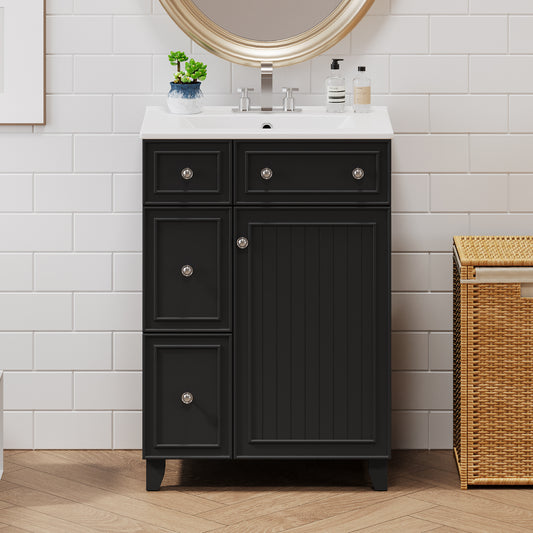 24-Inch Bathroom Vanity Cabinet With Ceramic Sink, 2 Drawers, 1 Door
