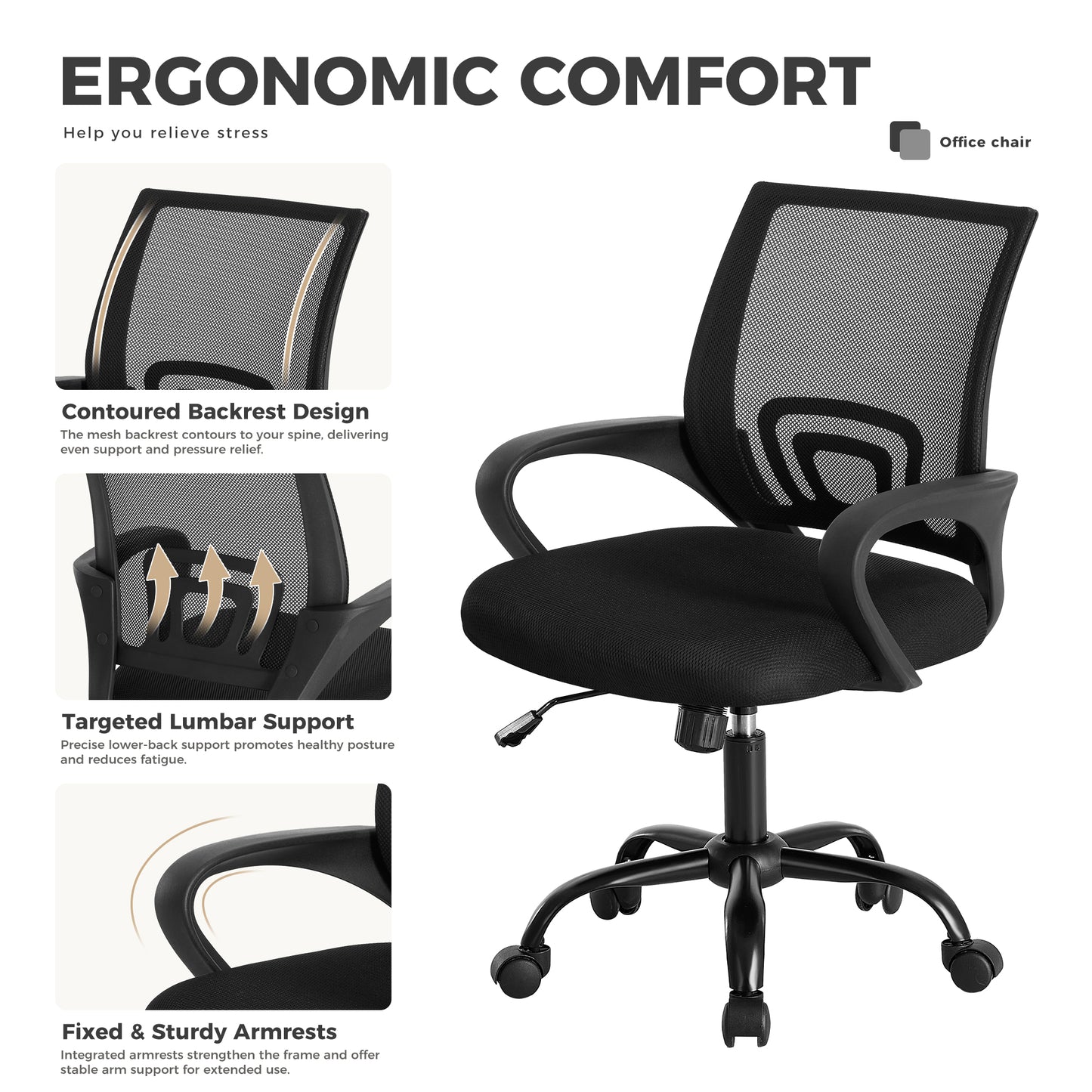 Office Desk And Chair - Equipped With Waist Support And Swivel Mode, Adjustable In Height, With Fixed Armrests, 360 Rotatable, 2 Sets