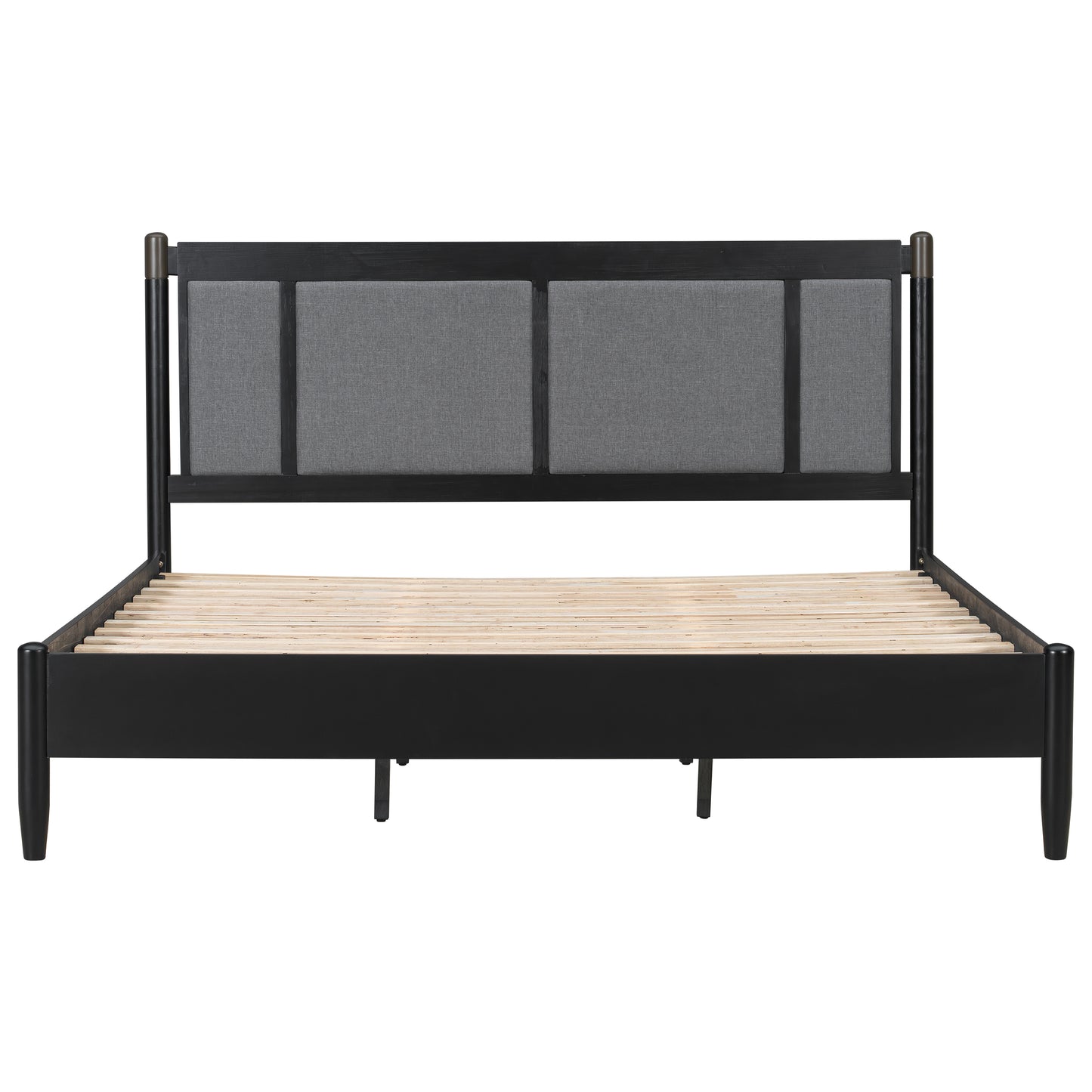 Solid Wood King Bed, Heavy Duty 600 Lbs Support, No Box Spring Needed, Black Upholstered Headboard With Metal Handles