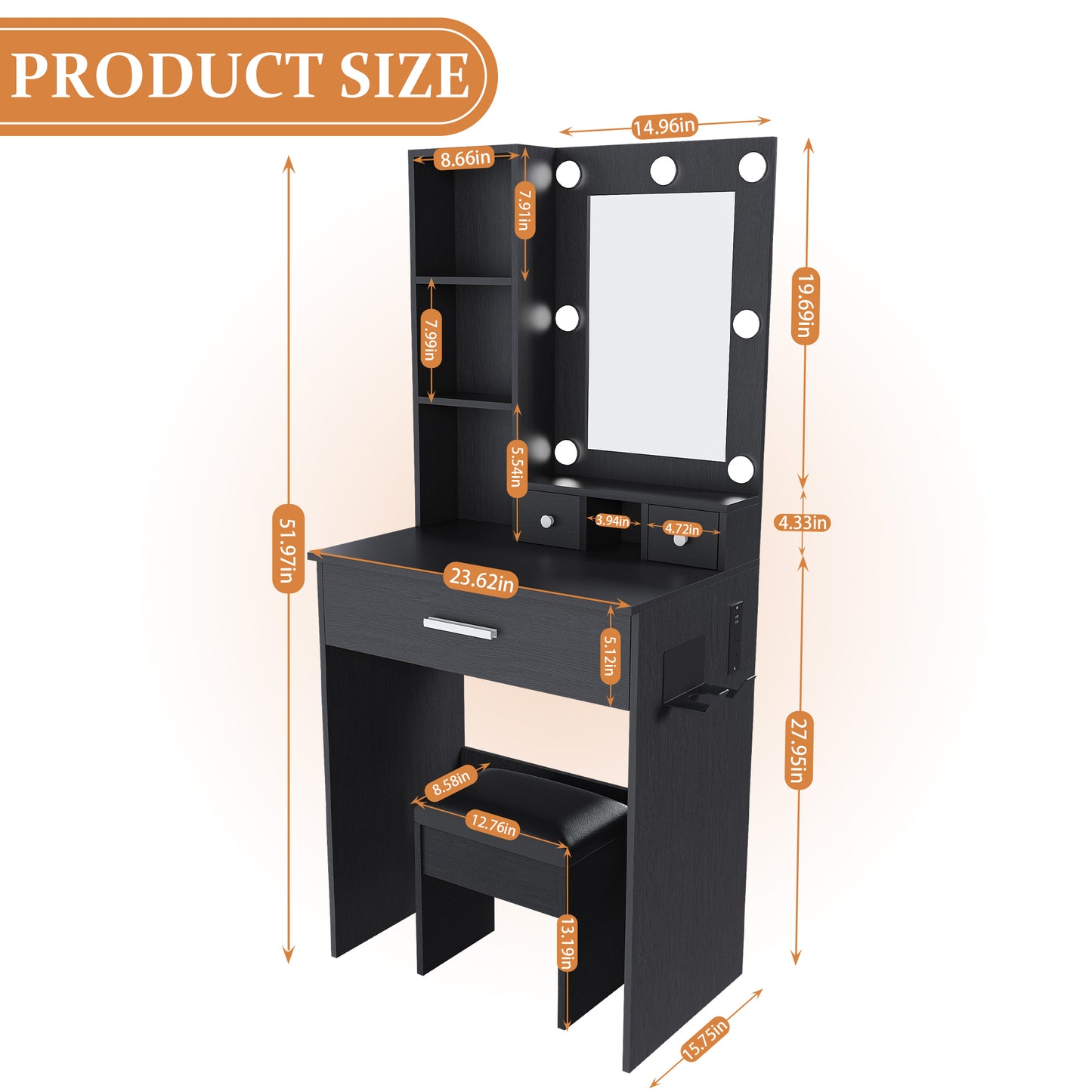 Vanity Table With Mirror & Adjustable LED Lights, Power Outlet, Hairdryer Holder & Stool -Compact Dressing Desk For Small Bedrooms Black