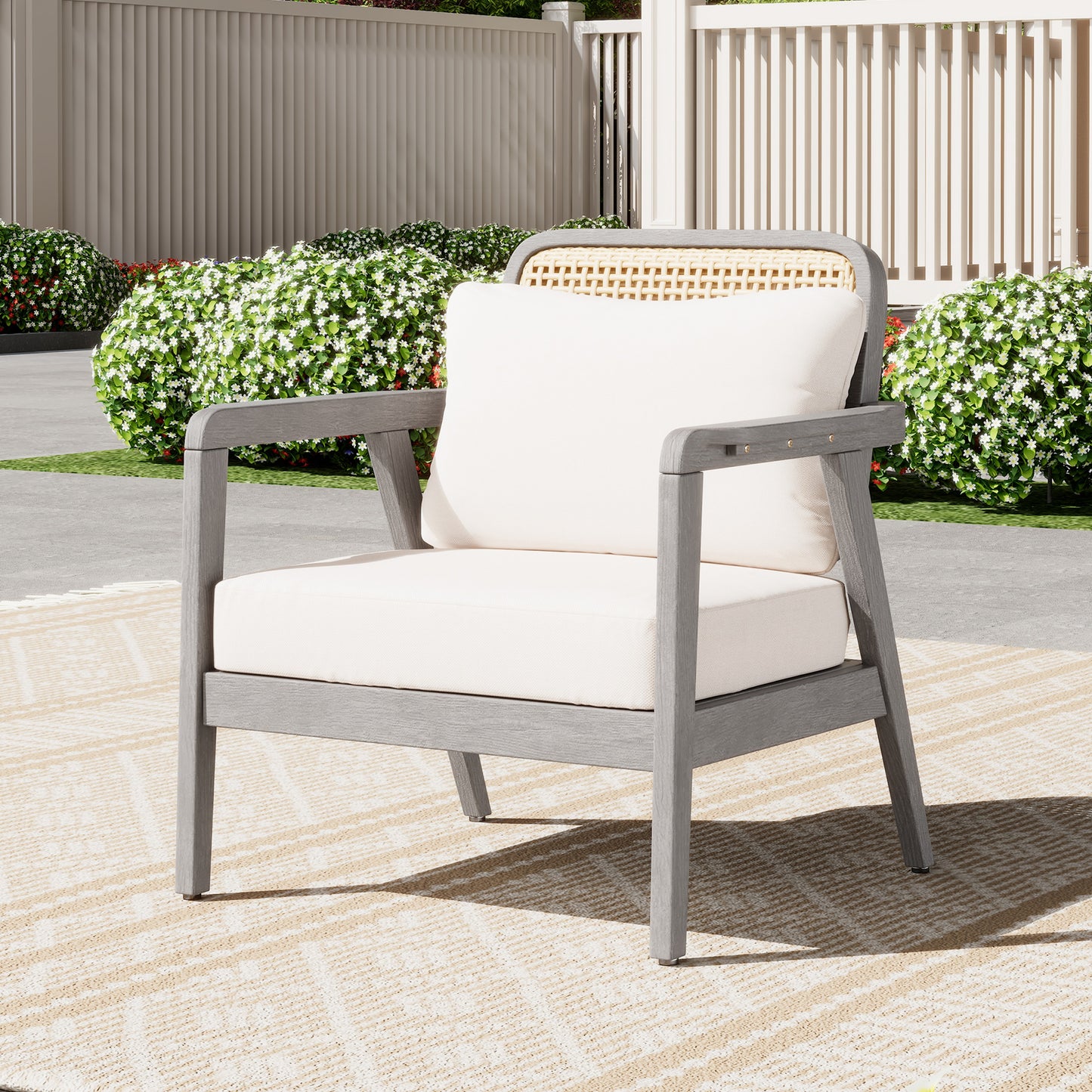Outdoor Acacia Wood Patio Club Chair, Patio Furniture,Waterproof Thick Cushion Deep Seating For Porch, Garden, Backyard, Balcony, Weight Capacity 400lbs, Light Gray Finish, Cream Cushion