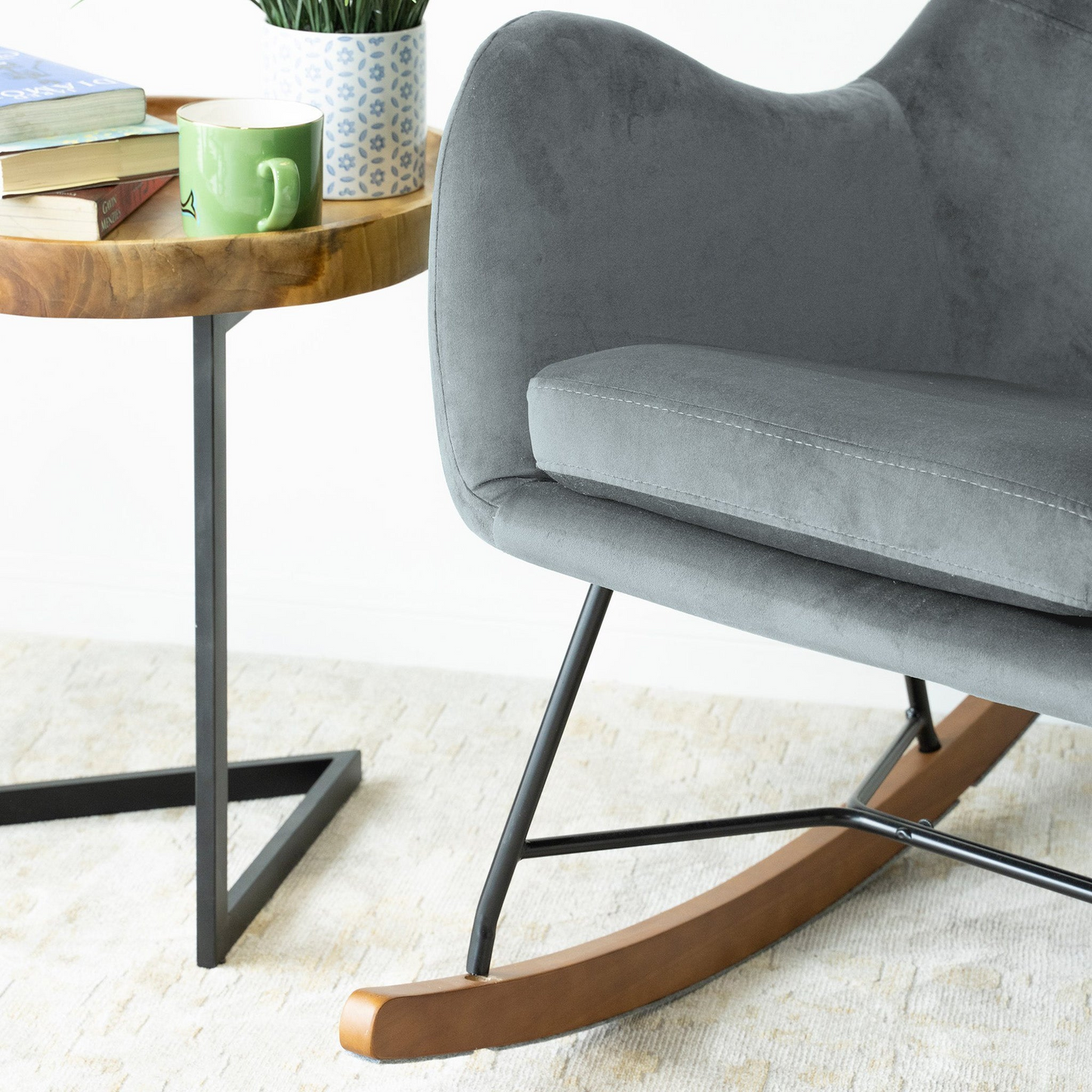Chelsea Grey Velvet Rocking Chair, Comfort And Style For Home, Light Gray, Velvet, 38.5 H X 27.5 W X 36 D For Living Room Bedroom Waiting Room