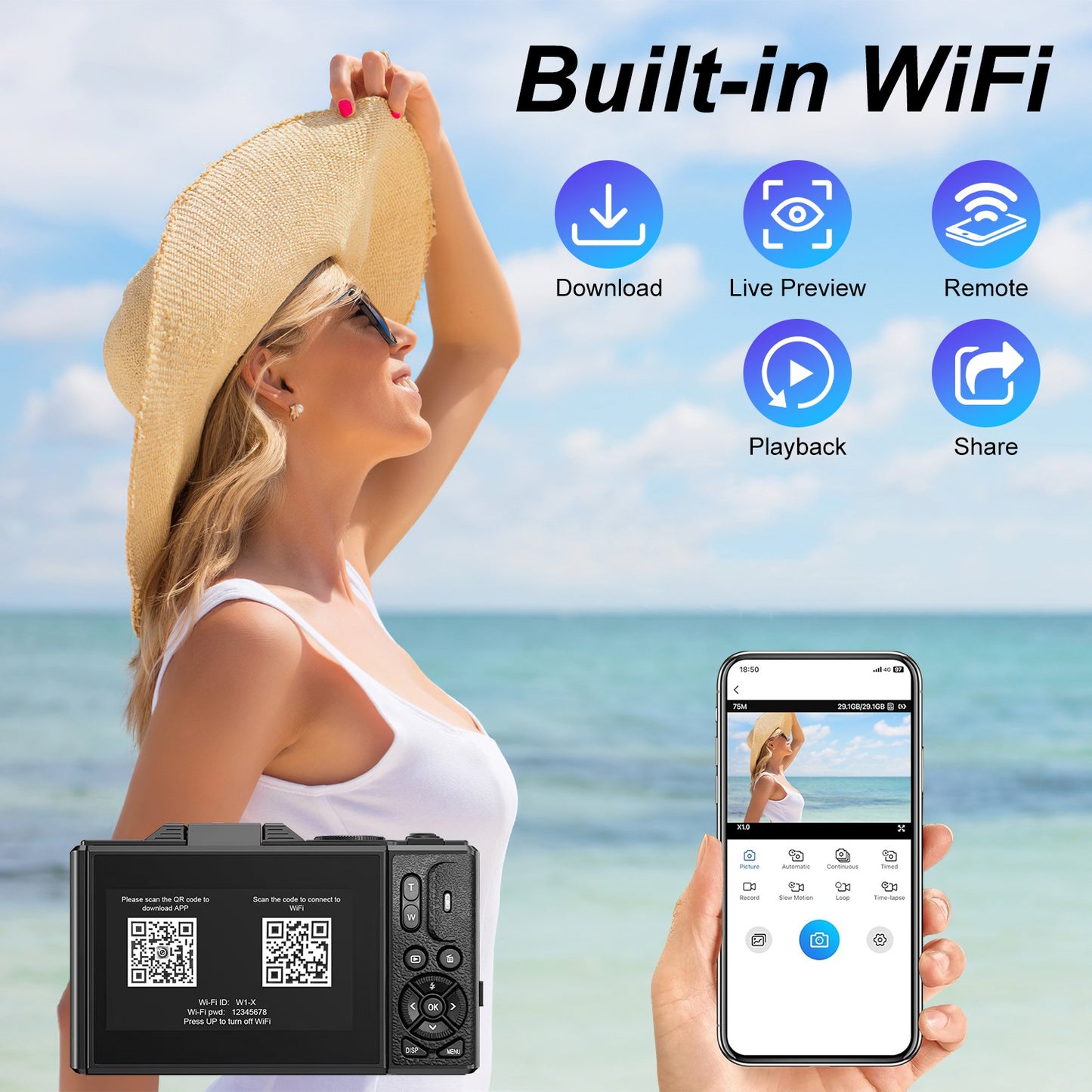 1Pc 5K 75MP Digital Camera For Photography Anti Shake WiFi Vlogging Video Camera With 9 Shooting Modes 18X Zoom Fill Light Webcam Function 2 Batteries 32G MMC Card 180Degree Flip IPS Screen