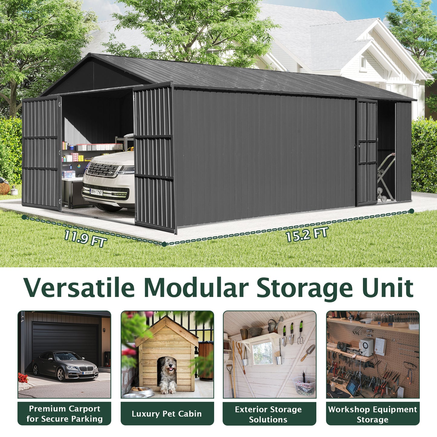 12x15FT Outdoor Metal Garage Shed, Extra Large Metal Carport With Lockable Double Hinged Doors, Heavy Duty Car Shelter For Car, Truck, Motorcycle And Lawn Equipment, Dark Grey