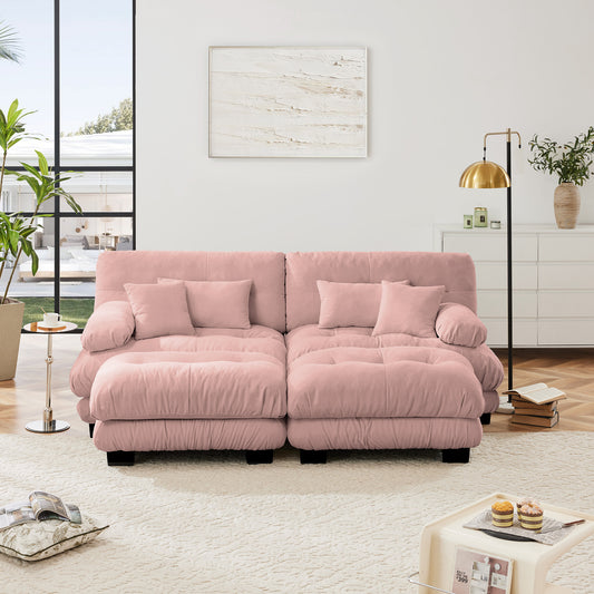 Cloud Couch Sleeper Sofa For Living Room, Chenille 2 Seater Sofa With 2 Lumbar Pillows And 2 Throw Pillows , Upholstered Wide Arm Sofa With 2 Ottomans,Chenille Pink