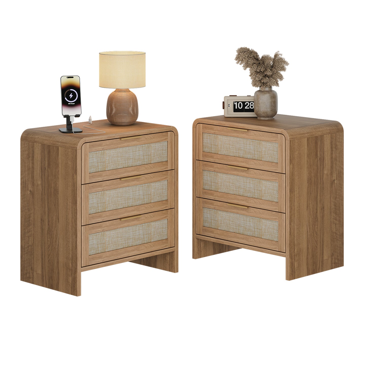 Rattan Nightstand With 3 Drawers Set Of 2, 22.8 Wide Curved Wooden Bedside Table, Modern Storage For Bedroom, Caramel Oak.