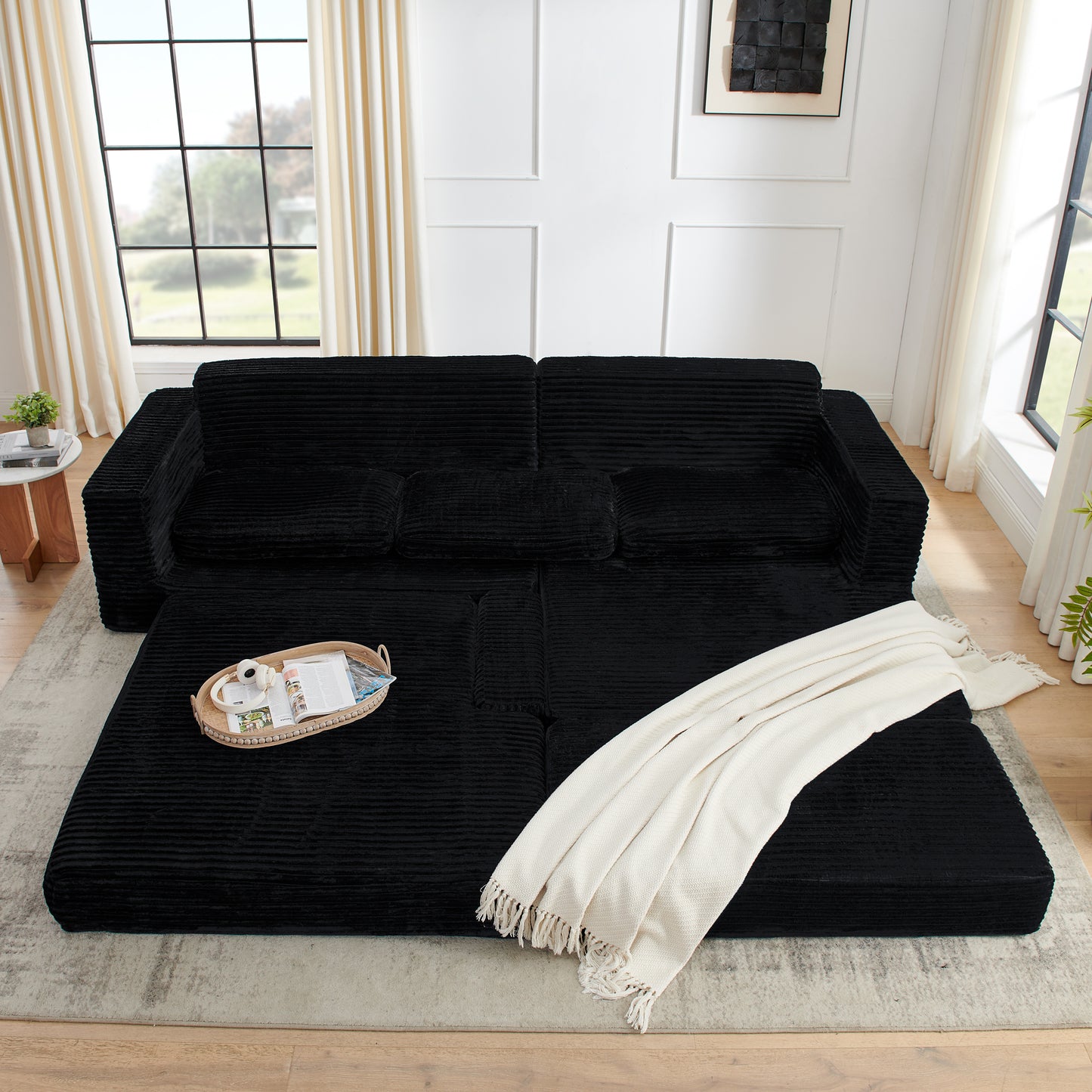 Left Sofa Seat,L Shape Modular Sectional Sofa, Compressed Sectional Sofa Modern Minimalist Style Corduroy Couch,Unfold Into A Bed, Bedroom, Comfy Compressed Sofa Couch Space-Efficient Design-black