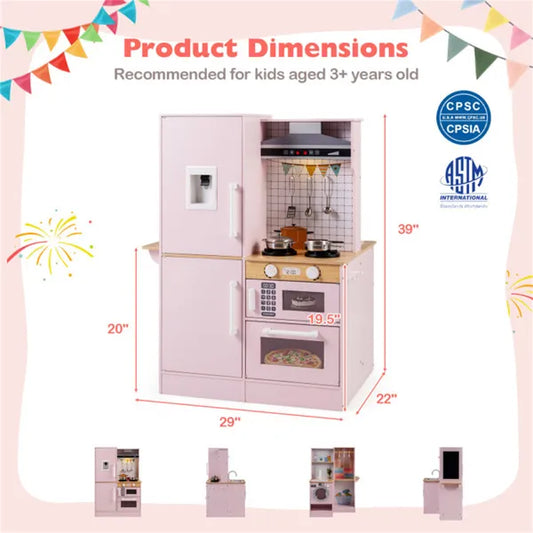 Pink Dual-Sided Kids Play Kitchen With Water Dispenser And Range Hood For 3+ Years Old