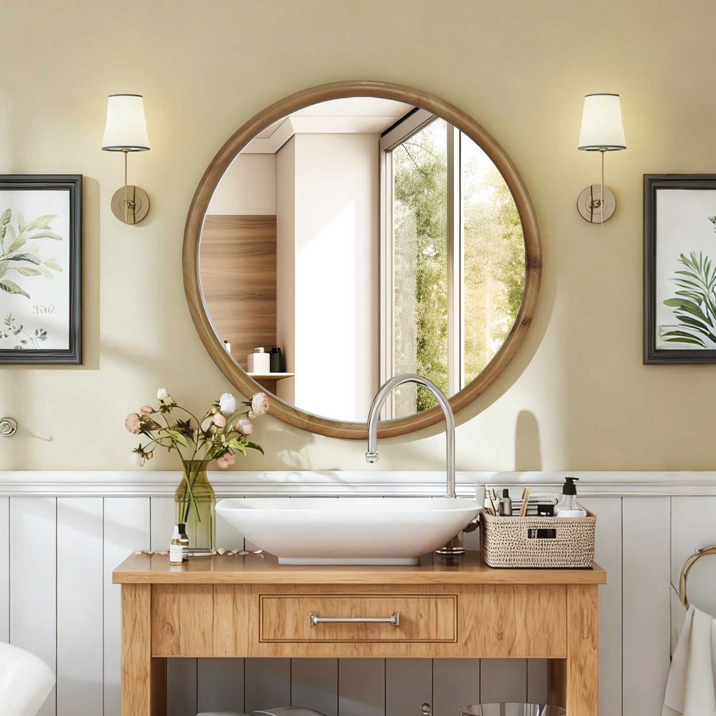 Round Wood Framed Wall Mirror, 27.56 Natural Wooden Circle Mirror For Bathroom, Bedroom, Entryway, Mid-Century Modern Decorative Mirror