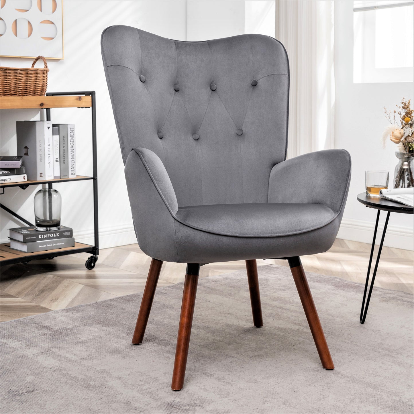 Mid-Century Modern Wingback Accent Chair, Button-Tufted Polyester Fabric Armchair With Solid Wood Splayed Legs For Living Room Bedroom Home Office