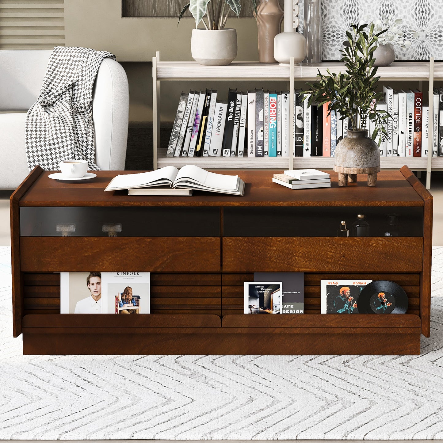 U-Can Modern Rectangle Coffee Table With 4 Drawers And 2 Display Shelves, 47.2 Wood Coffee Table With Fluted Style, Tempered Glass For Living Room