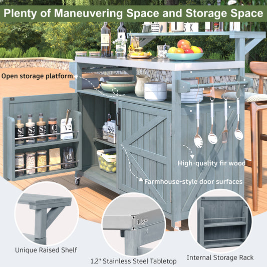 K&K 53.3 Outdoor Kitchen Island With Raised Shelf, Solid Wood Storage Cabinet With Stainless Steel Top, Outdoor Rolling Grill Cart With Internal Storage Rack, Adjustable Shelf, Spice Rack, Grey Blue