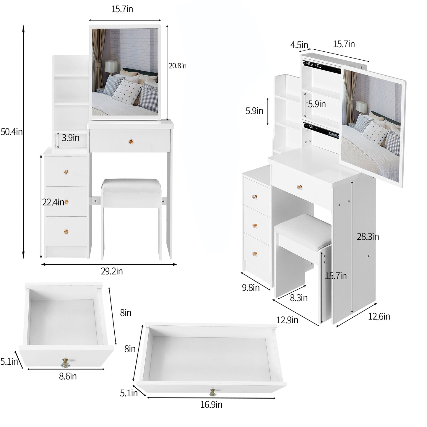 29.2 Small Space Left Bedside Cabinet Vanity Table Cushioned Stool, Extra Large Right Sliding Mirror, Multi Layer High Capacity Storage, Practical Fashionable Dresser, EPA, GCC, UL Certificate