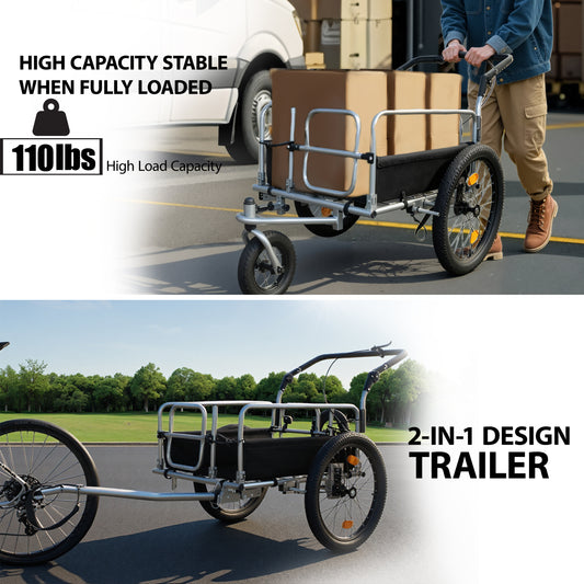 3- In- 1 Heavy- Duty Bike Cargo Trailer - Bike Compatible Steel Frame 110lb Capacity Convertible Stroller & Pull Cart W Suspension 20 X2- 3 8 FAT Tire