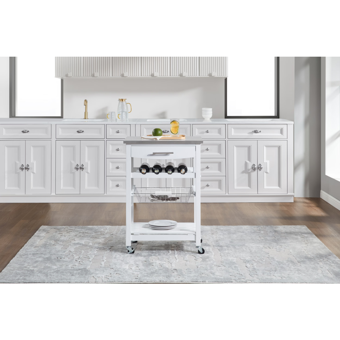 Mobile Rolling Kitchen Island Trolley Serving Cart With Underneath Drawer & Slide-Out Wire Storage Basket