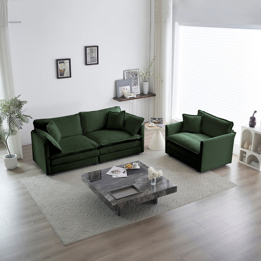 3 Piece Sofa Set With Arm Pillows And Toss Pillows , Sofa Set Include 2- Piece Of Arm Chair And One 2-seat Sofa, Space Saving Casual Sofa Set For Living Room, Green Chenille