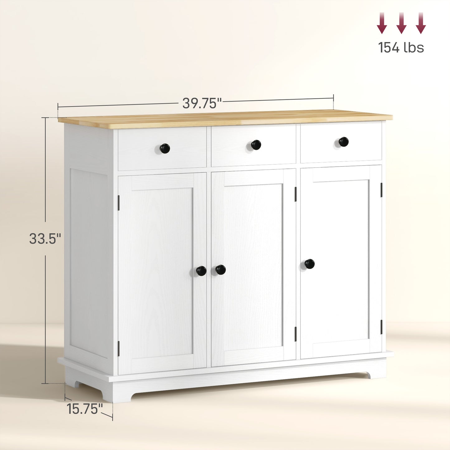 Kitchen Storage Cabinet, Sideboard Floor Cupboard With Solid Wood Top, Adjustable Shelf, And 3 Drawers, White