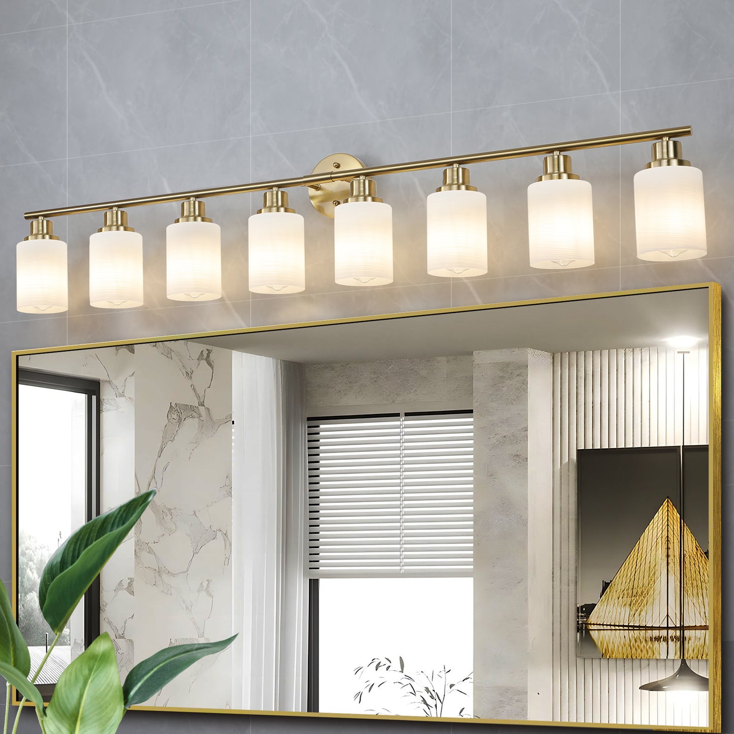 52 Modern 8-Light Vanity Wall Sconce, Golden Finish With Frosted Glass Shades For Bathroom Or Hallway Lighting No Bulbs