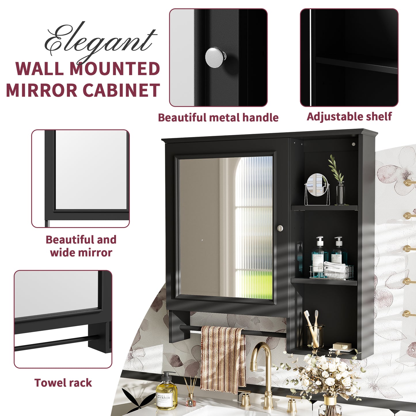 Wall Mounted Bathroom Storage Cabinet, Medicine Cabinets With Large Mirror Door, Adjustable Shelves And Three Open Storage Levels Not Include Bathroom Vanity