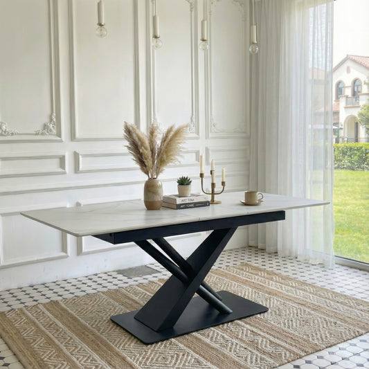 Modern Dining Table With White Marble MDF Veneer Paper Tabletop And Geometric X-Frame Metal Spray-Painted Legs, Sturdy Metal Base For Contemporary Kitchen Or Dining Room White Marble, 1 Table