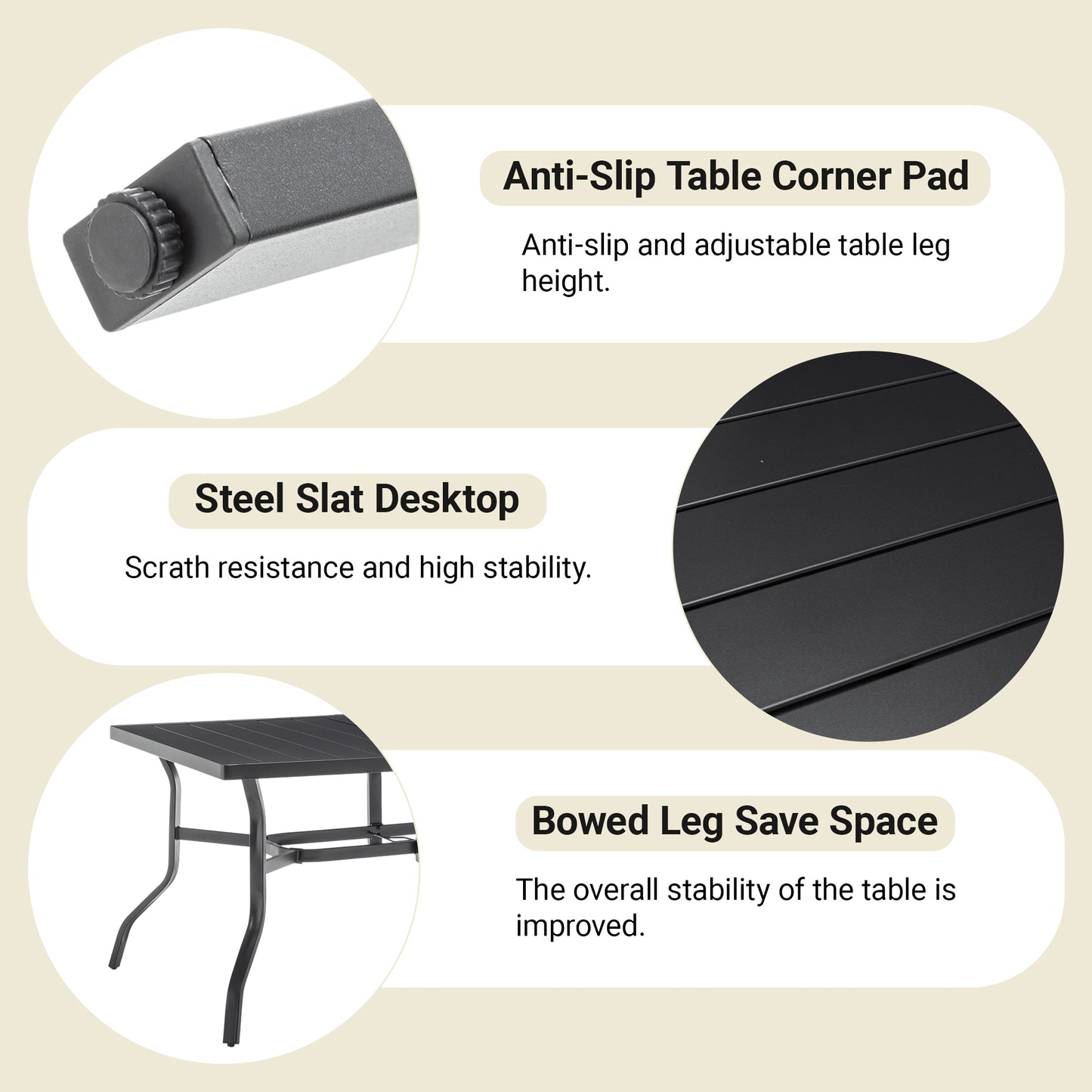Outdoor Dining Table For 6, Powder-Coated Steel Slat Top With 2.16 Umbrella Hole, Anti-Slip Pads, E-Coating Frame, All-Weather Black Patio Table For Garden, Poolside, Backyard