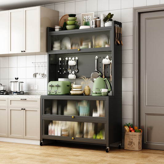 65 Tall Kitchen Bakers Rack With Flip Door Cabinet, 5 Tier Multifunctional Microwave Stand Buffet, Coffee Bar, Quick Assembly, Gray