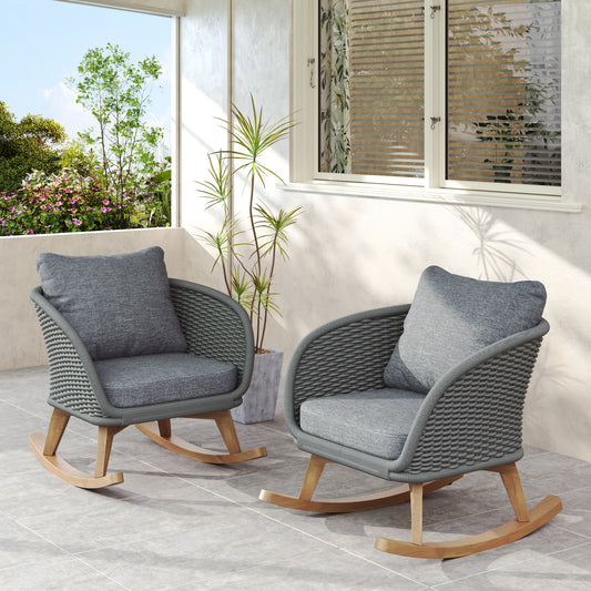 29.5 Contemporary Minimalist Gray Wicker Rocking Chair With Soft Polyester Cushions And Durable Wooden Frame, Perfect For Indoor And Outdoor Spaces Like Patio, Balcony, Or Living Room