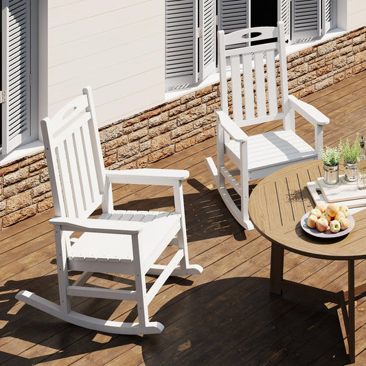 Outdoor Rocking Chair Set Of 2, HDPE Patio Rocking Chair For Adults, Oversized Outdoor Rocker For Porch Garden Lawn,White