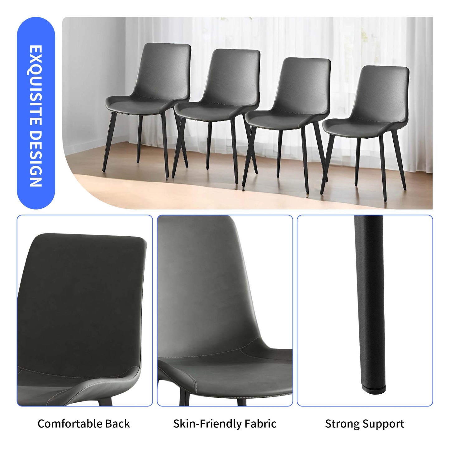 Dining Chairs 2PCS, Modern Kitchen & Dining Room Chairs, Upholstered Faux Leather Cushion Seat And Sturdy Metal Legs