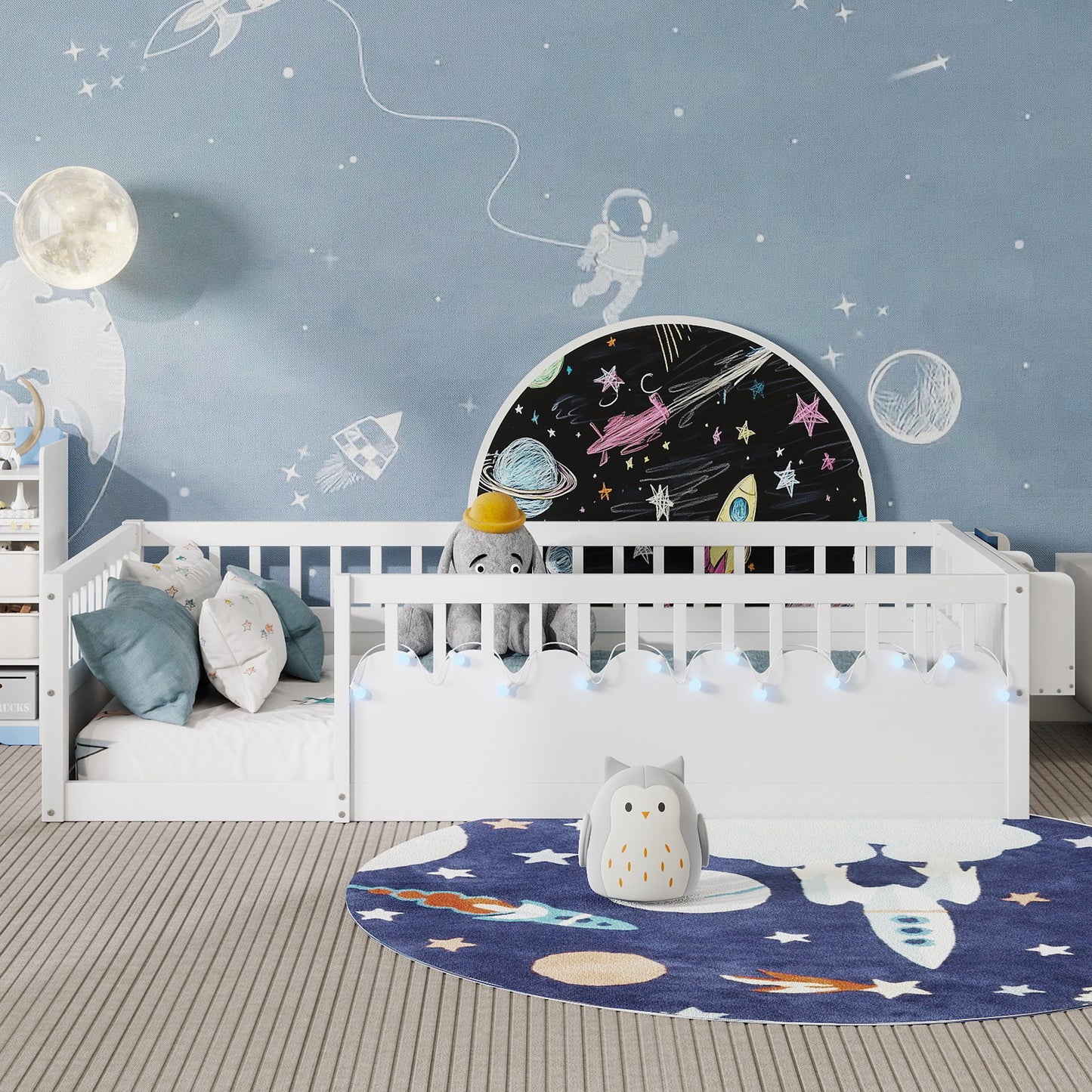 Twin Montessori Floor Bed Frame With High Rails, Wood Kids Floor Beds With Light And Storage Shelf, White Expect Arrival Date 2025 8 15
