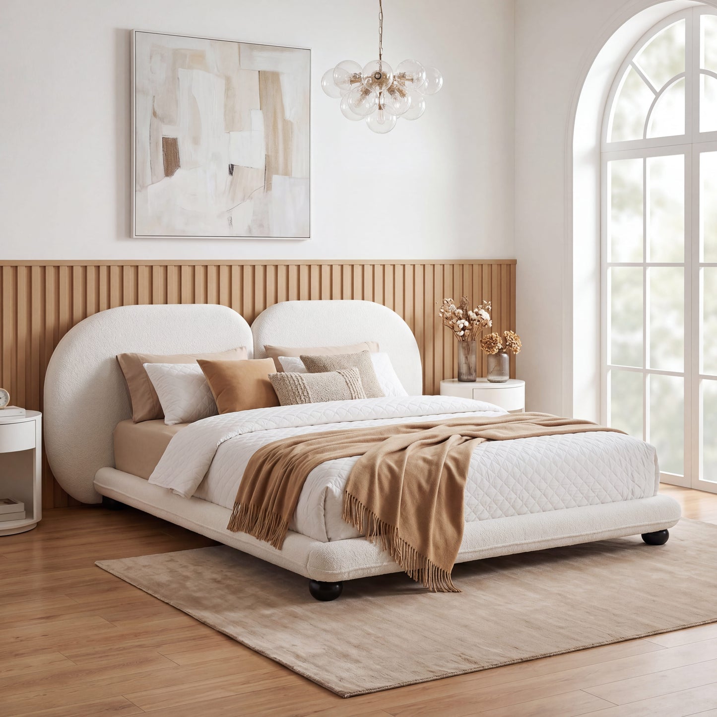 Extra Thick Upholstered Platform Bed Frame With Luxury Split Headboard, Teddy Fleece Fabric, 800 Lbs Heavy Duty, Easy Assembly, White,King