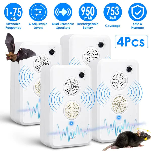 2Pack/4Pack Options - Rechargeable Ultrasonic Bat Repellent Indoor Outdoor Bird Mouse Deterrent Device With 6 Adjustable Levels For Attic Porch House