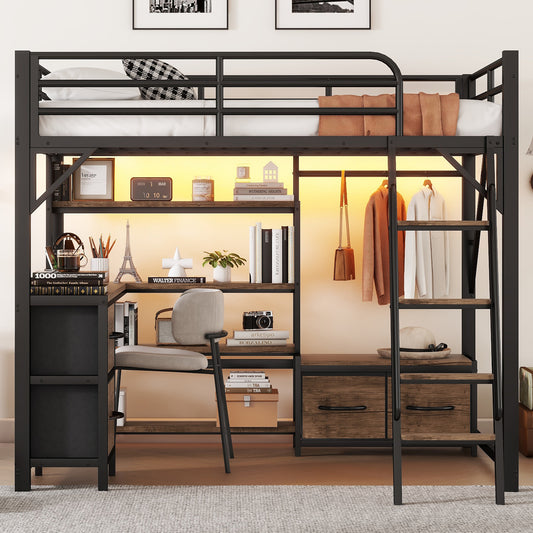 Full Size Loft Bed With Desk And Light, Metal Loft Bed With Storage Shelves, Wardrobe And Drawers For Boys GirlsOld SKU W2593S00032