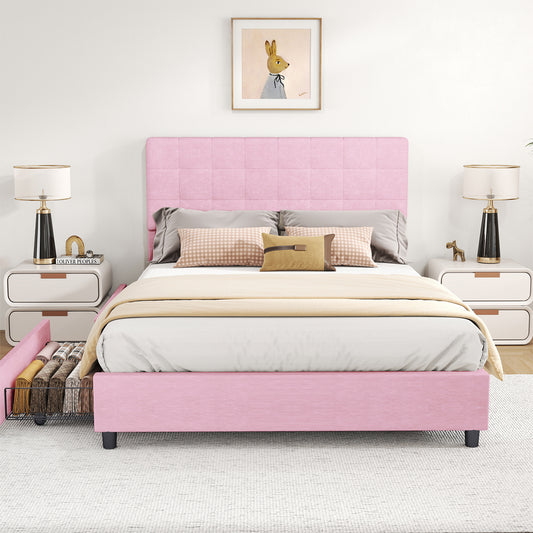 Full Bed Frame Upholstered Vertical Channel Headboard Bed Frame With 4 Storage Drawers Wood Slats No Box Spring Needed Easy Assembly For Bedroom