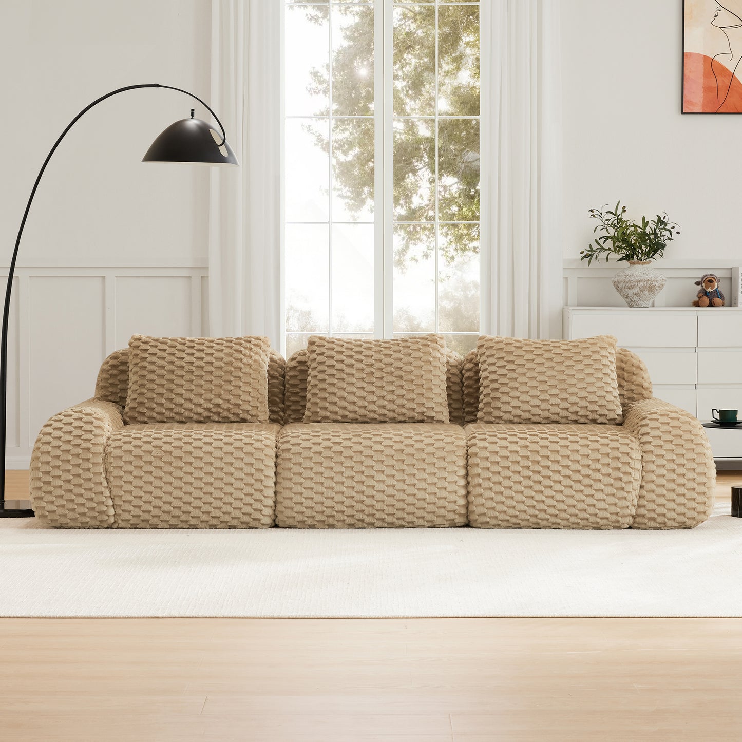 114 Modern Modular Sectional Sofa For Living Room,Flannelette Fabric,Oversized 3-Seater Couch,boneless Sofa,Deep Seat,Buckle Connection,Anti-slip Design,No Assembly,Light